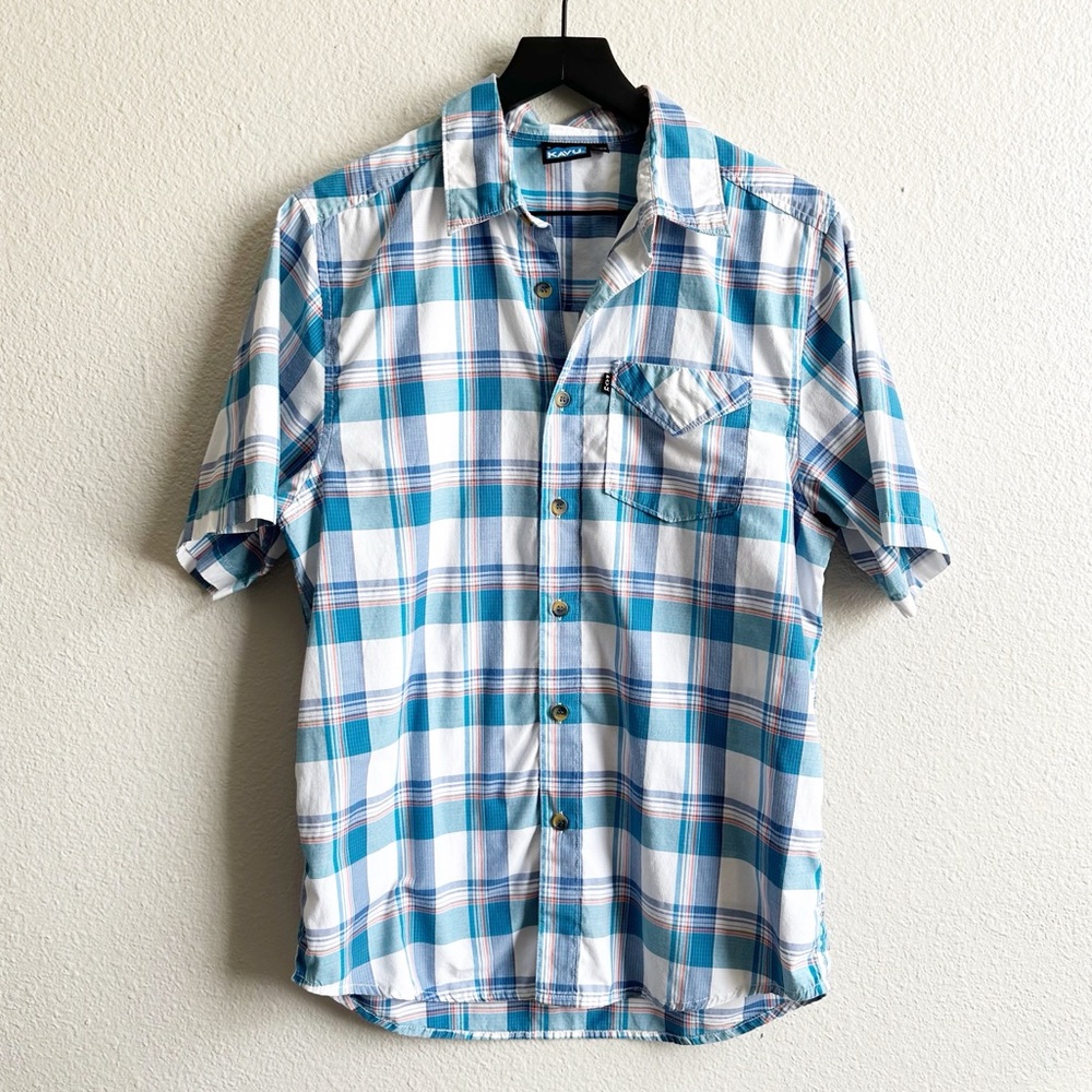 Kavu Blue White Plaid Button Down Short Sleeve Shirt Outdoors Men’s Size Small
